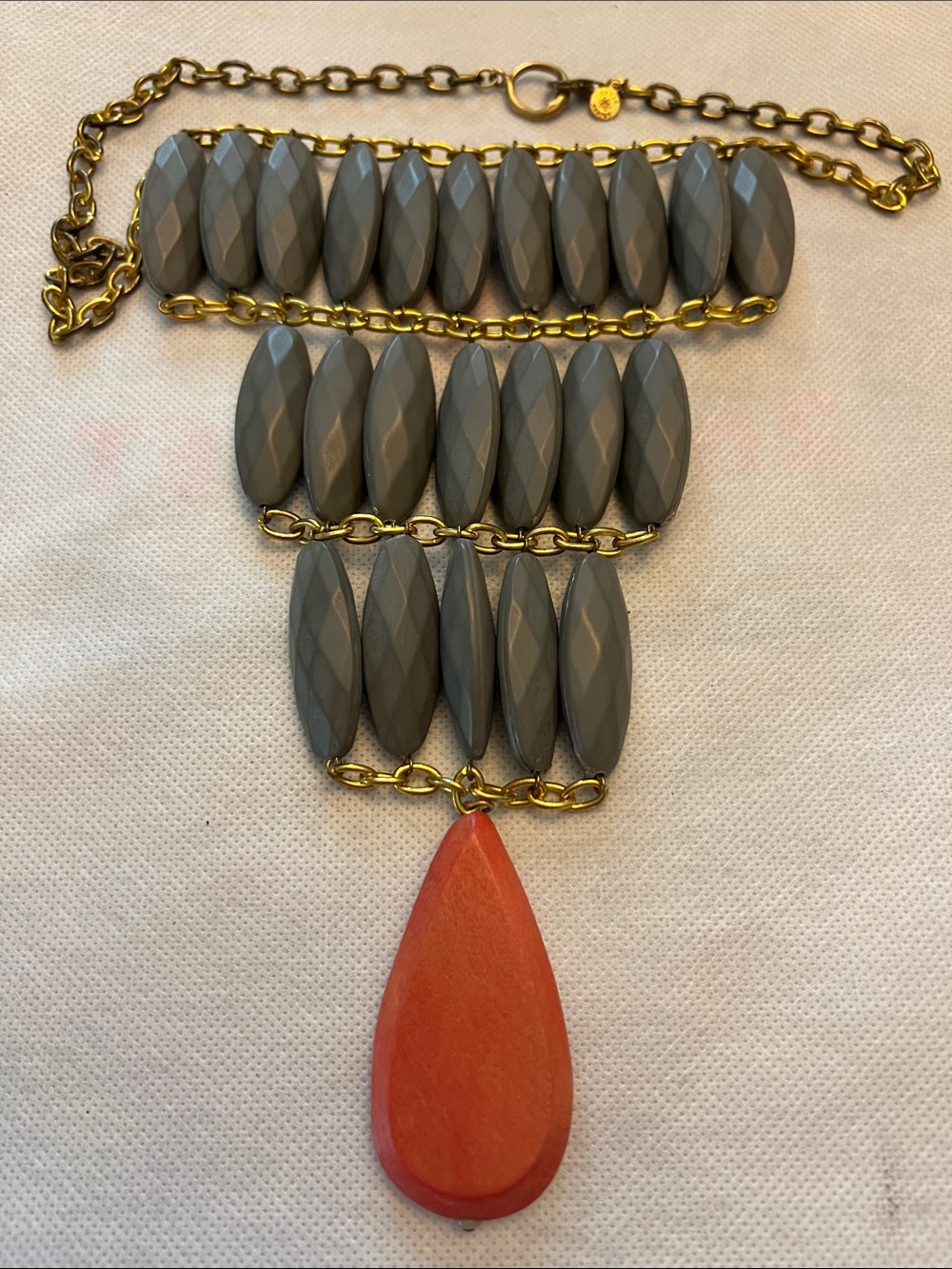 David Aubrey Gold-Tone Necklace with Gray Beads and Coral Teardrop Pendant